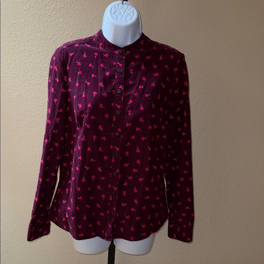Boden Burgundy Corduroy Button-Up Shirt with Pink Floral Pattern Women’s Size 6